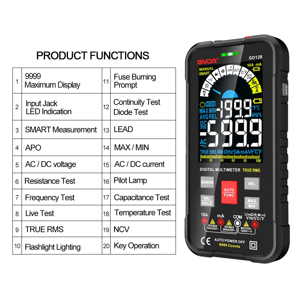 New 9999 Counts Digital Multimeter Smart Auto Range 1000V 10A Tester Meter Ohm Hz Capacitance REL True RMS AC DC DMM Multitester