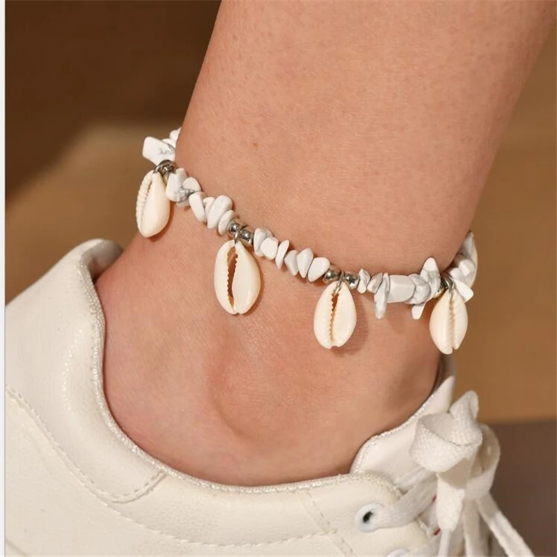 Женские ножные браслеты в стиле бохо с ракушками и каменными бусинами пляжные