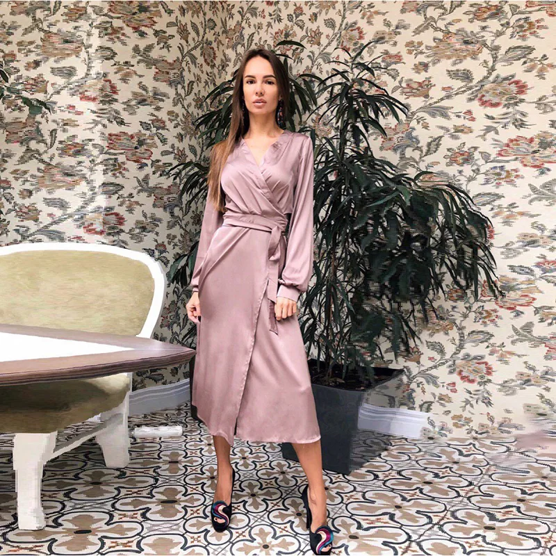 

Women Sexy Sashes a Line Party Dress Ladies Split Long Sleeve V-neck Spring Dress 2020 New Fashion Solid Midi Dress Vestidos