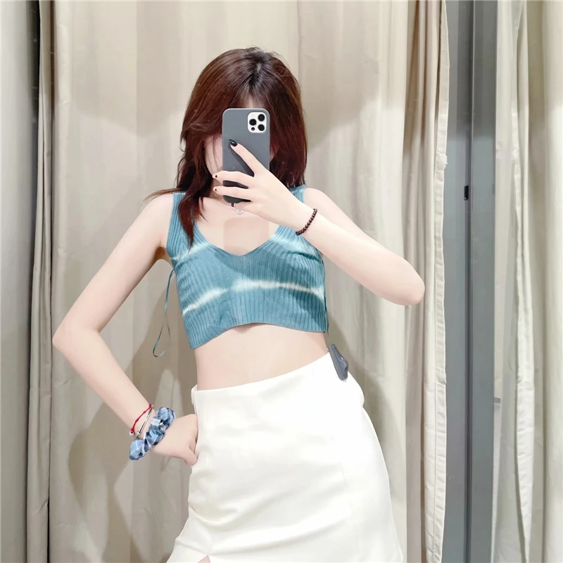 

KRSB Summer Women's Blue Stripe Knit Vest Elastic V-Neck Open Back Top Sexy British Leisure Vacation