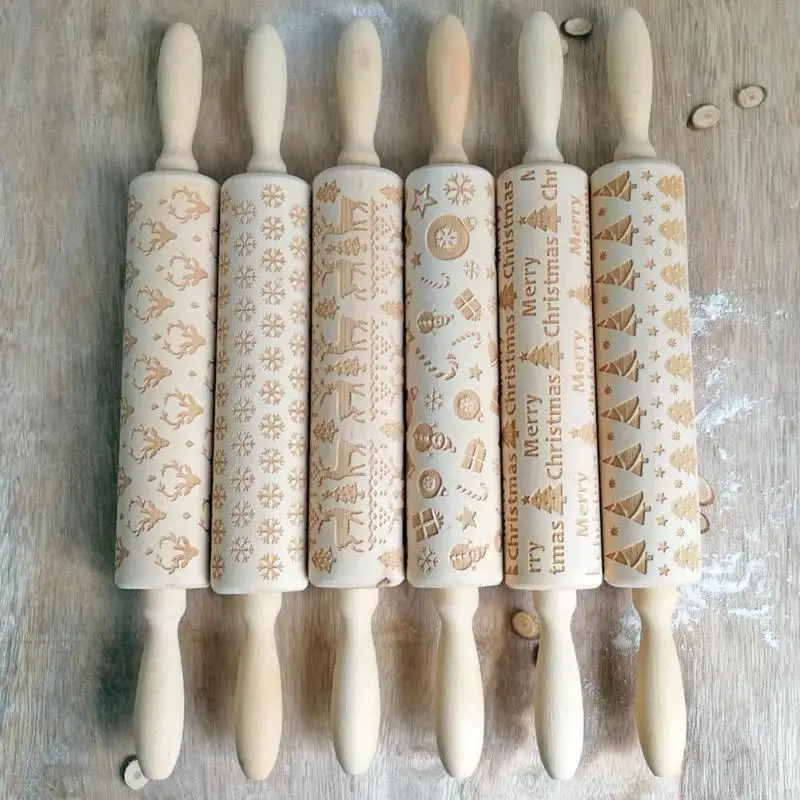 Рождественская рельефная деревянная скалка для выпечки печенья, печенья, торта, теста с гравировкой, деревянная резная палочка, кухонный инструмент для приготовления пищи