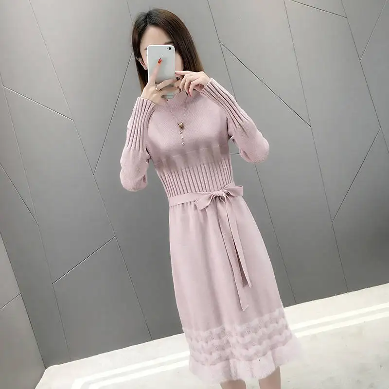 Осень зима 2019 женское элегантное однотонное платье свитер толстое с длинным