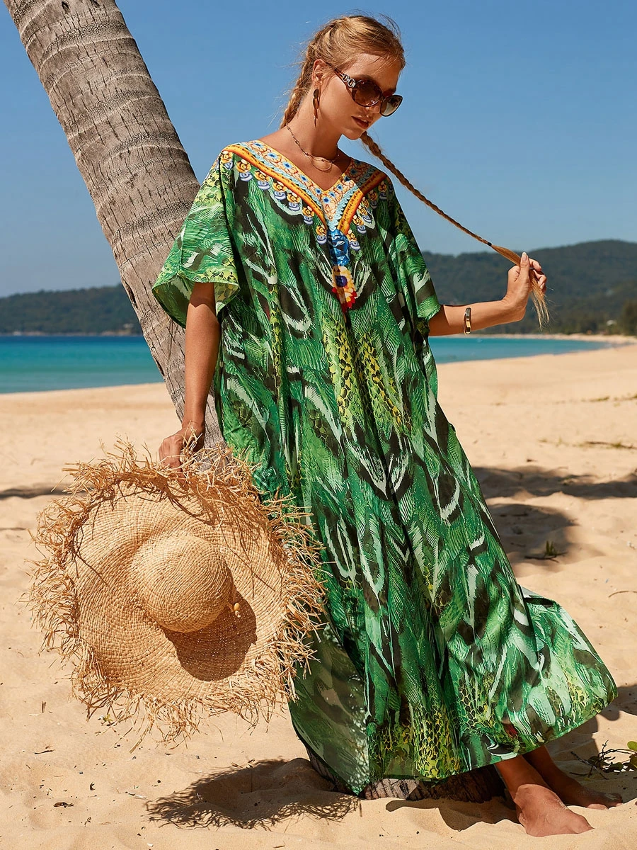 Богемный зеленый кафтан праздничные платья женское дикое пляжное платье с