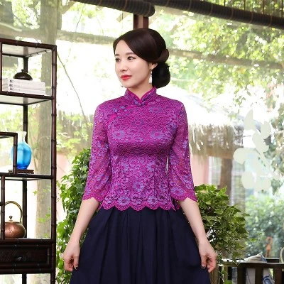 Женская фиолетовая кружевная блузка Чонсам элегантные рубашки Qiapo с рукавом до локтя плюс размер M-4XL китайские Топы Ципао китайская винтажная одежда - Цвет: purple qipao top