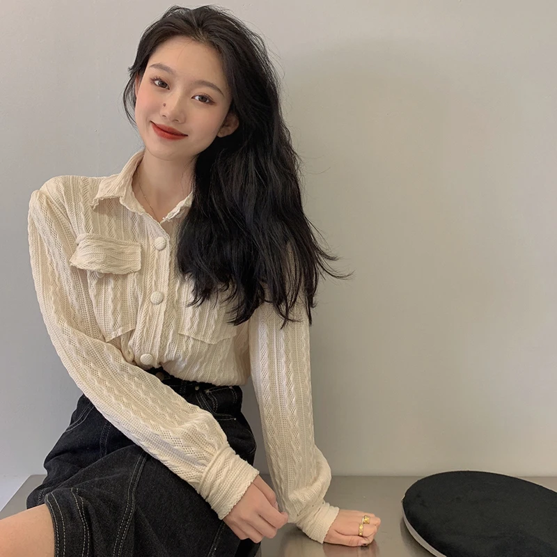 

Korean Style Cardigan Coat Women Long Sleeve Turn-down Collar Pockets Black Jacket Single Breasted Casual Vintage Office Sweater