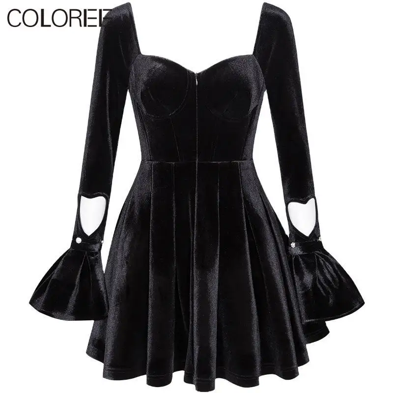 

Sexy Strapless Backless Mini Dresses For Women Party 2021 Autumn Winter Elegant Draped Flare Long Sleeve Black Velvet Dress
