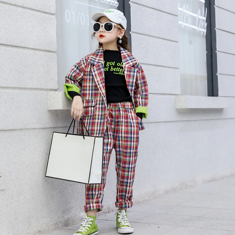 Спортивный костюм для девочек подростков клетчатая куртка и штаны комплект