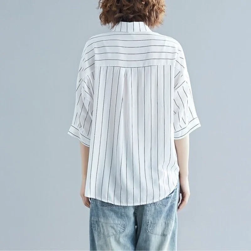

2021 Spring Summer New Korean Large Size Vertical Striped Blouse Women Loose Wild Bat Short Sleeve Shirt Female Blusas Y995