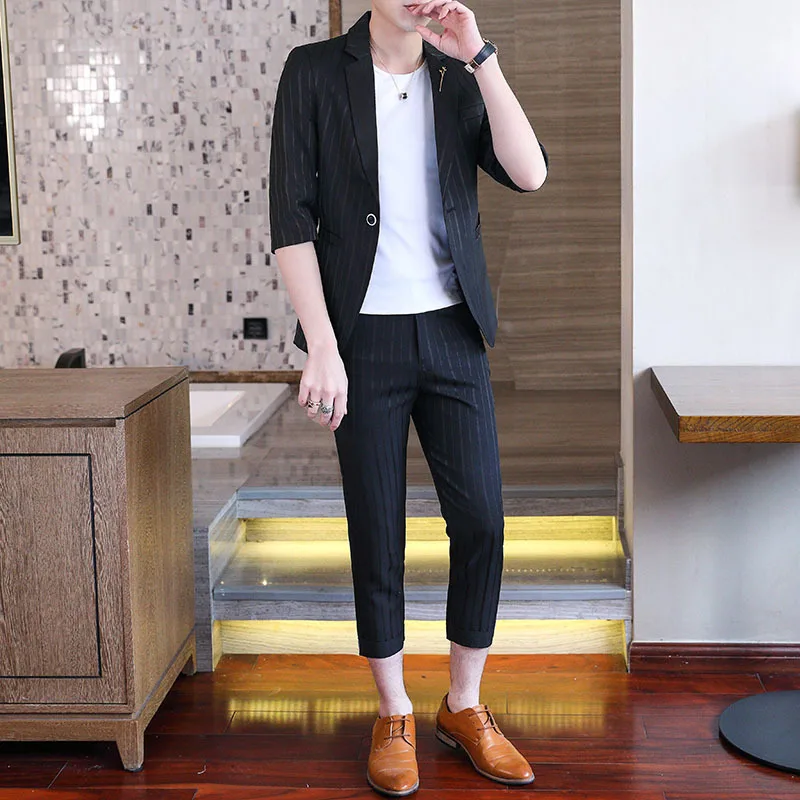 

2021 Men's Summer Thin Mid Sleeve Suit Youth Slim-Fit Trendy Casual Three-Quarter Sleeve Suit Two Pieces
