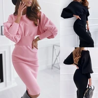 skmy autumn long sleeve dress club outfits for women casual solid color round neck slim high waist bodycon midi dress party