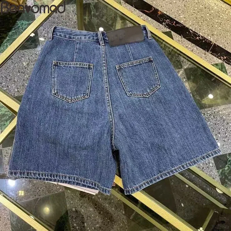Bearomad Brand Designer 2021 Summer Women Blue Denim Shorts High Waist Moderate Washing Straight Type Bottoms Female Jeans