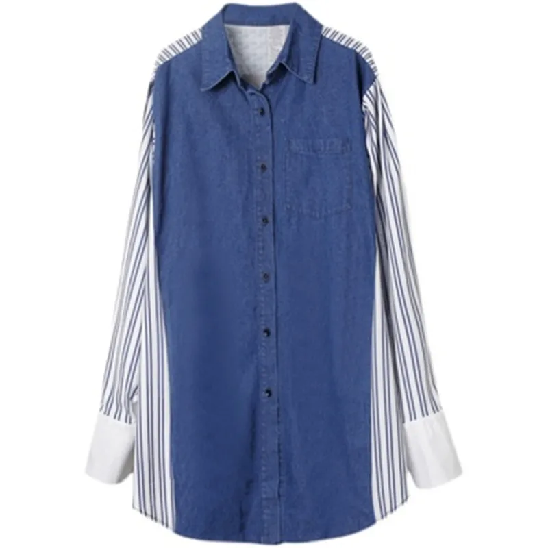 

Spring New 2021 Fashion Women Retro Shirt Stitching Denim Striped Long-sleeve Loose Plus Size Shirts For Womens Tops