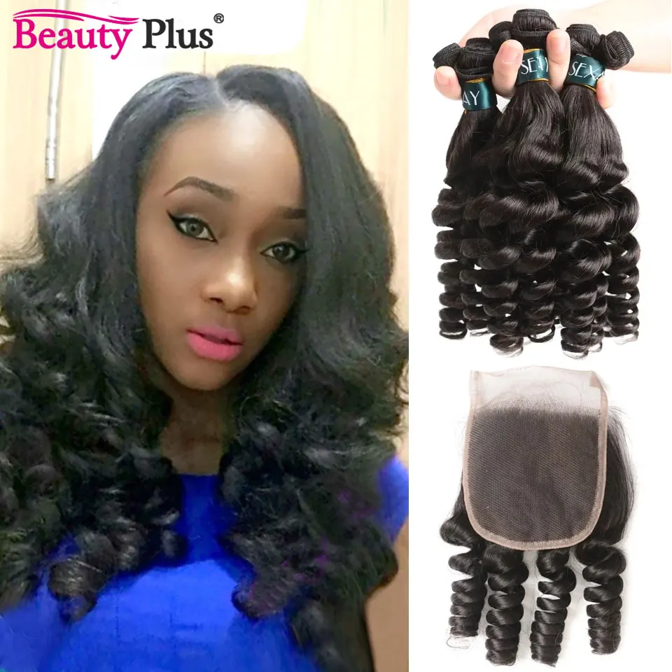 10-28Inch Funmi Hair Bundles With Closure Swiss Lace Remy Brazilian Curly Human Hair Weave With Closure Plucked Beauty Plus Hair