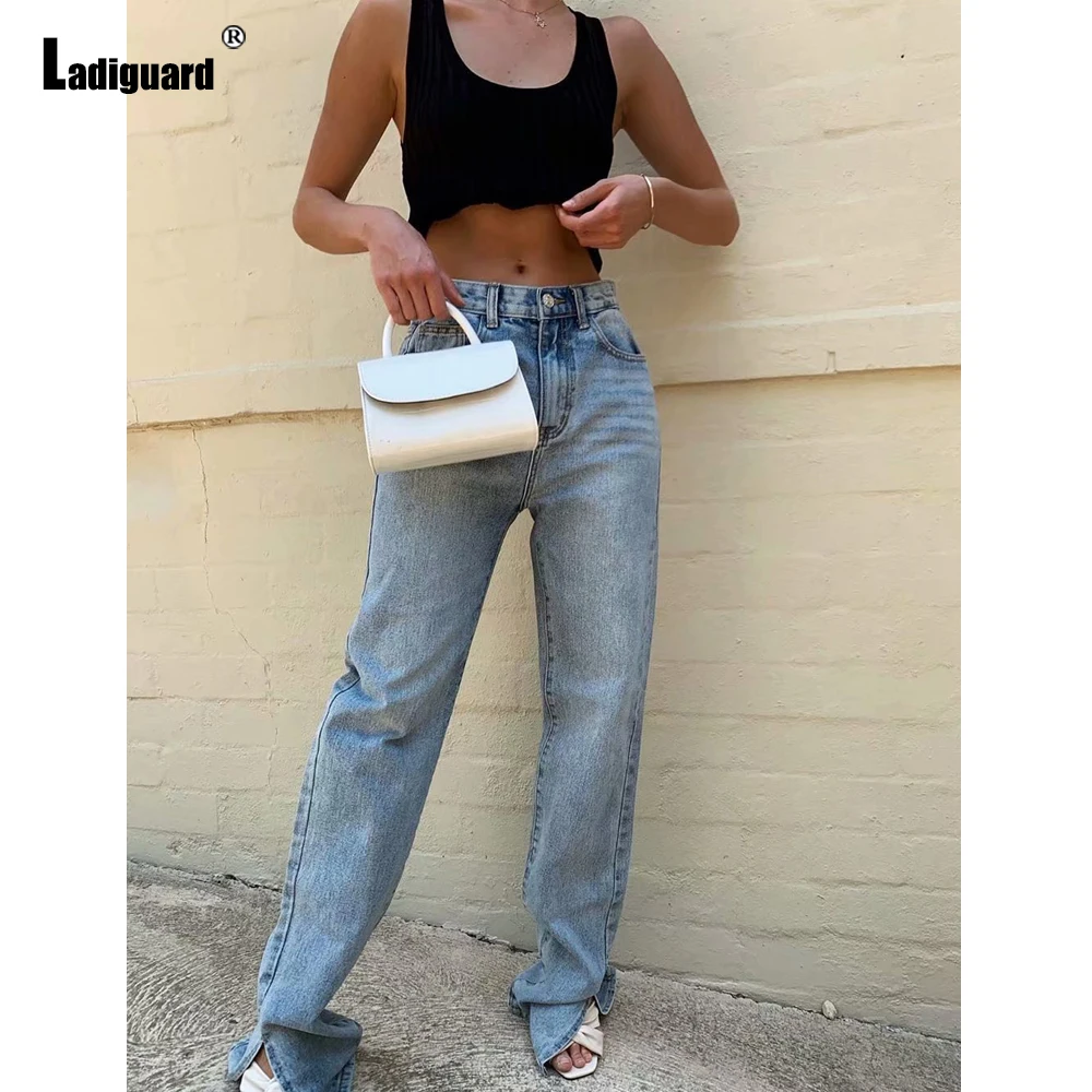 Women Straight Leg Denim Pants Sexy Patchwork Jeans Trousers Girls Streetwear Casual Jeggings 2021 New Fashion Split Demin Pants