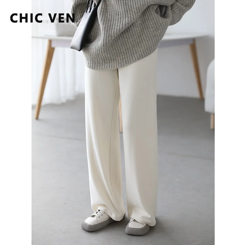 

CHIC VEN Women Basic Cotton Casual Pants Solid Elastic Waist Soft Waxy Women's Winter Long Trousers Pleated Streetwear Sports