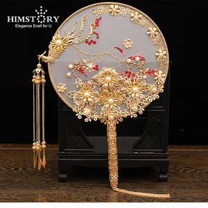 HIMSTORY Роскошная фотография искусственная кожа золотистый Феникс ручная работа свадебные цветы металлический круглый веер аксессуары для невесты