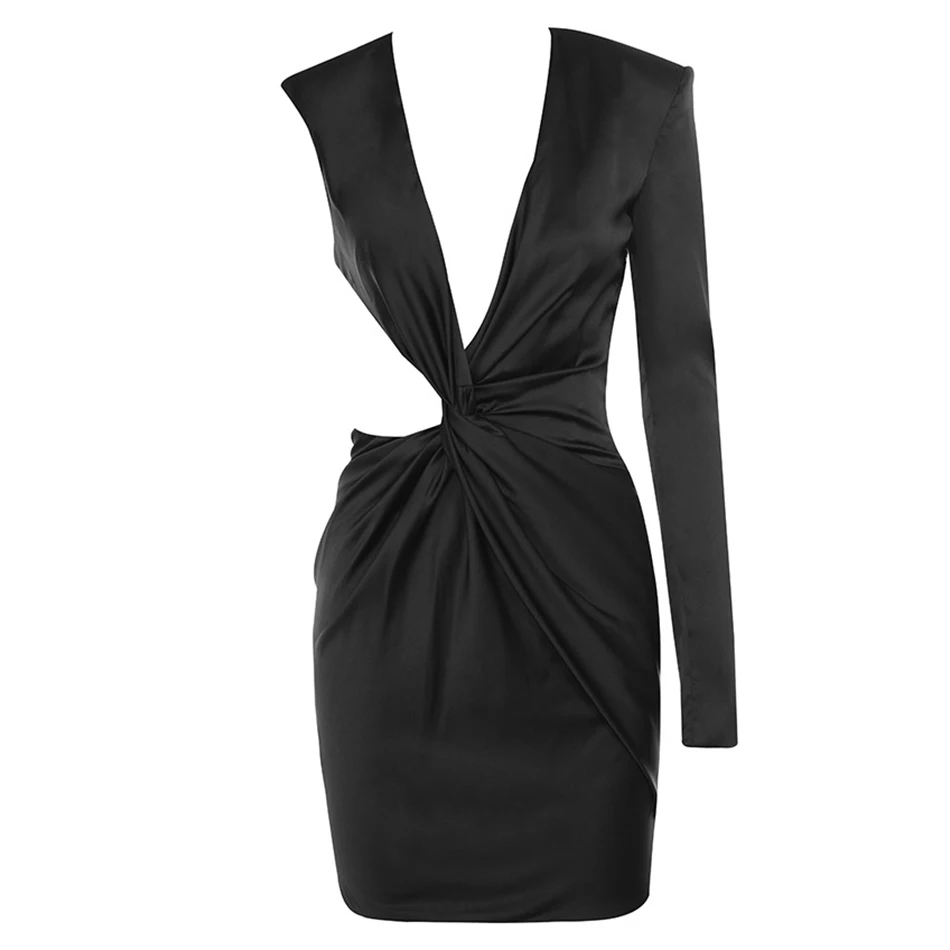 Женское вечернее платье черное облегающее с V-образным вырезом и длинным рукавом