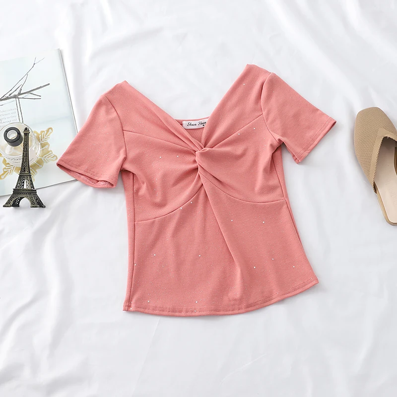 

NEW basic t shirt Women Casual loose Solid V-Neck Short Sleeve Twist Front Crop Tee daily school office Tops poleras mujer