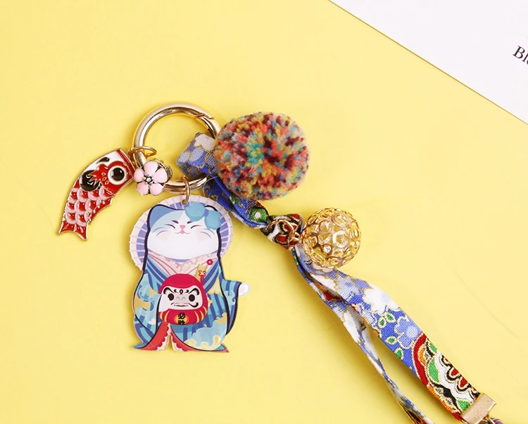 1pcJapanese originalhandmade с вышитыми цветами Кот приносящий удачу Манеки Неко сумка для ключей подвеска с помпоном llaveros