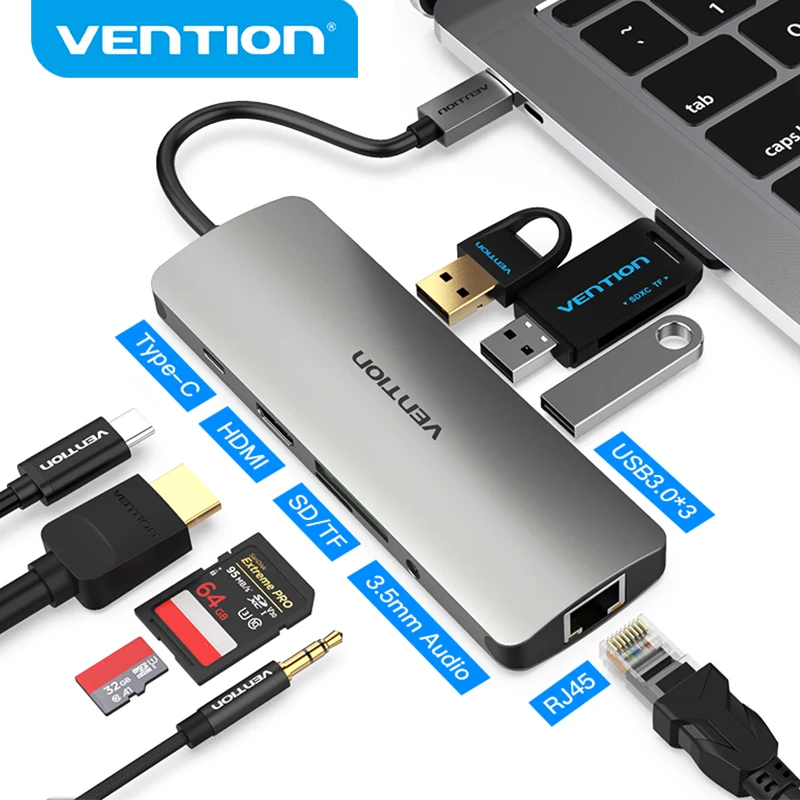 

Vention Thunderbolt 3 Dock Adapter Hub USB C to HDMI RJ45 USB 3.0 Audio Video Splitter for MacBook Samsung Huawei USB C Adapter
