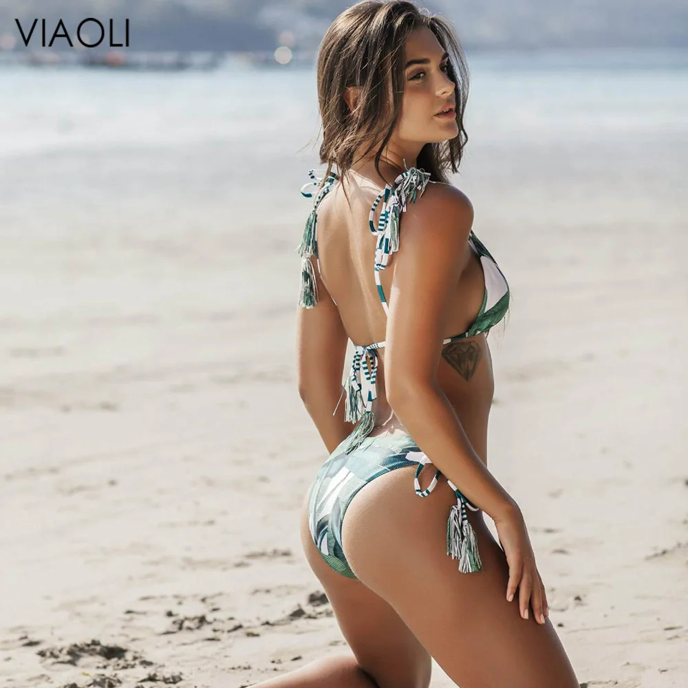 Женский комплект бикини с принтом зеленых листьев бахромой сексуальный