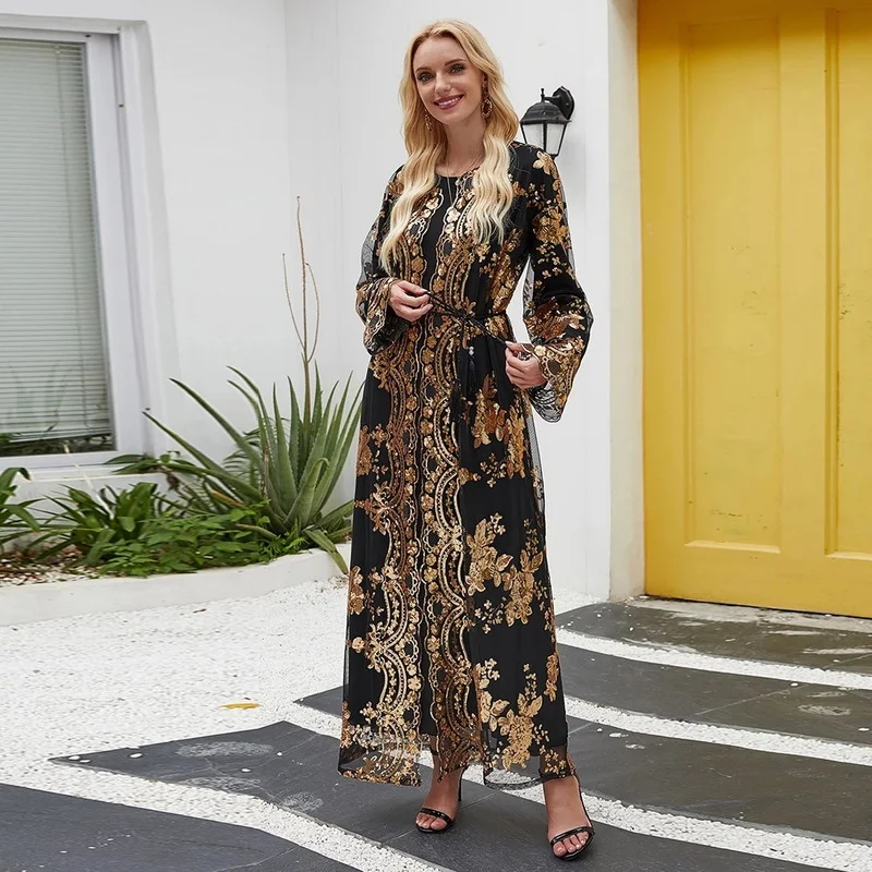 

2021 New Sequins Sexy Long Cardigan Elegant Casual Women Full Sleeve Mesh See Through Coat Open Stitch Feminino Kaftan Robe