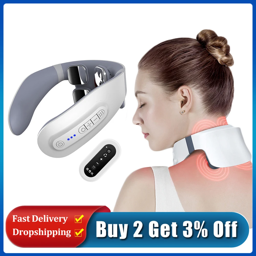 

4 Heads Remote Control Neck Shoulder Cervical Massager Electric Pain Relief Hot Compress Relaxation Tens Pulse Therapy Dropship