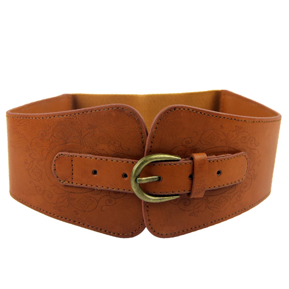 New Fashion Elastic Wide Belt Strap Vintage Women Faux Leather Buckle Solid Color Waistband | Аксессуары для одежды