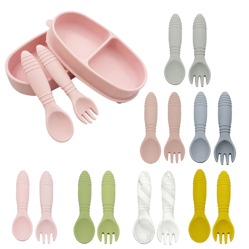 

Children Tableware Baby Dishes Set Silicone Fork Spoon Set Feeding Food Dishes BPA Free
