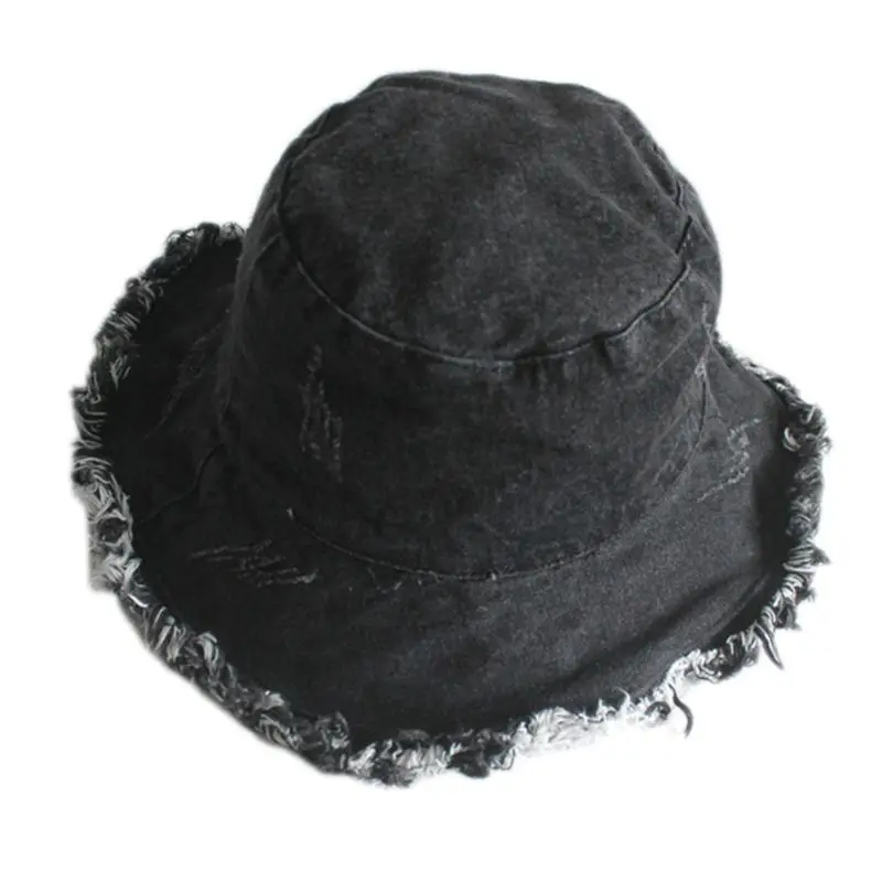 

Unisex Washed Denim Bucket Hat Vintage Distressed Tassels Brim Fisherman Cap