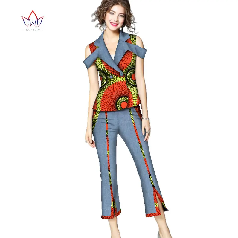 Women's 2-piece set elegant pants vintage african attire female turn-down collar plus size women clothing two piece set  WY2686