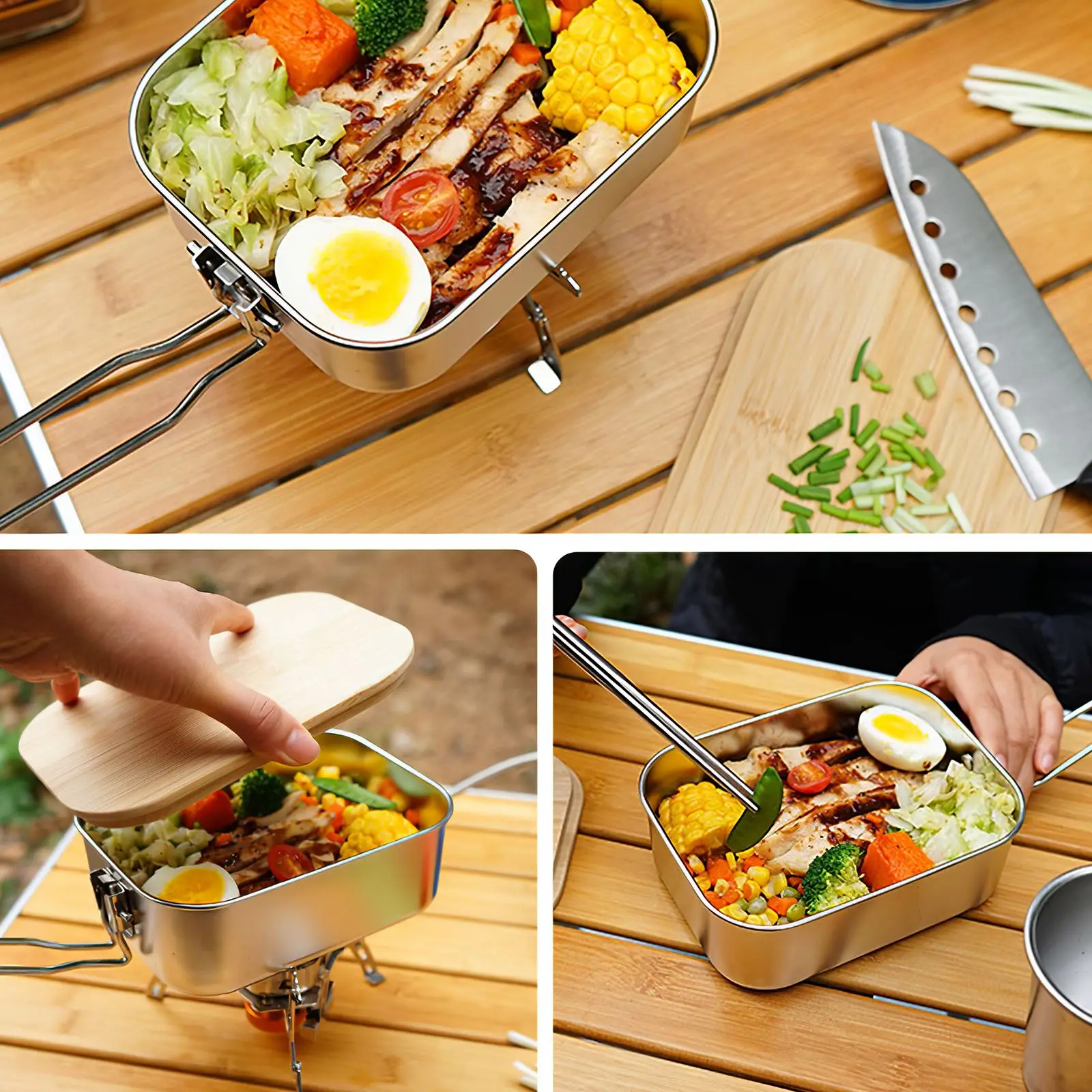 

Camping Lunch Box With Cutting Board Stainless Steel Multifunctional Picnic Lunch Container 900ml Camping Picnic Travel