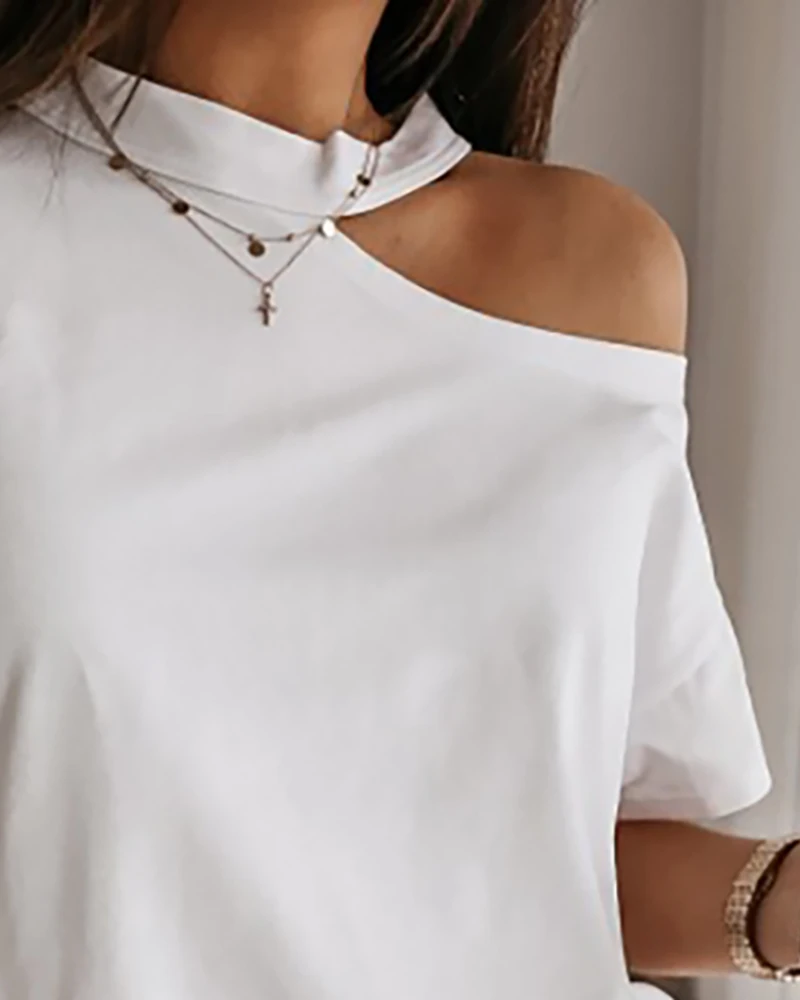

Summer Solid Cut Out Sexy Casual T-Shirt Solid Cold Shoulder Short Sleeve Casual T-shirt