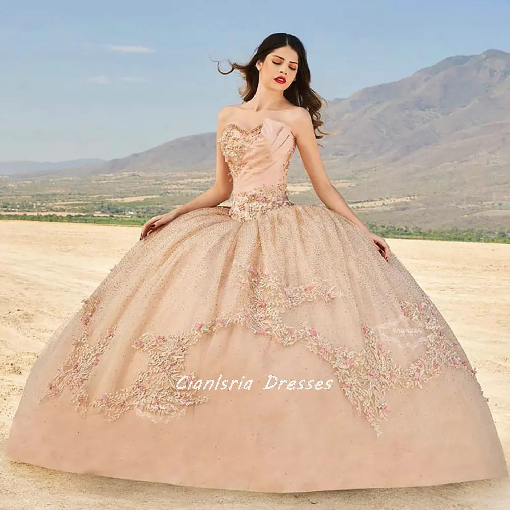 

Женское бальное платье принцессы, розовое золото, без рукавов, с оборками и кристаллами, платье-корсет ручной работы с цветочной аппликацие...