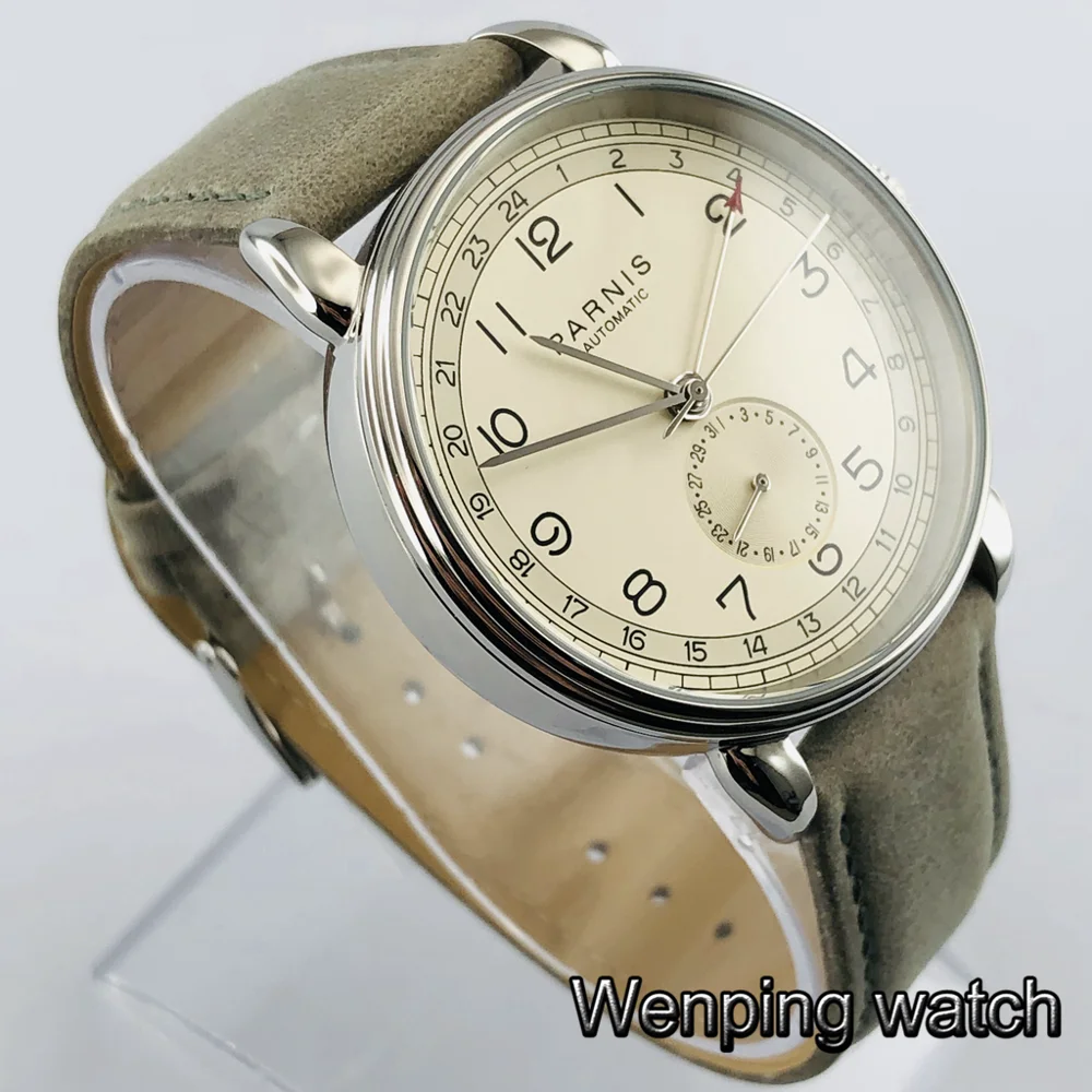 Скидка Новинка Parnis 42 мм GMT Серебряный чехол Арабская марка Дата Окно кожаный ремешок мужские повседневные автоматические механические часы