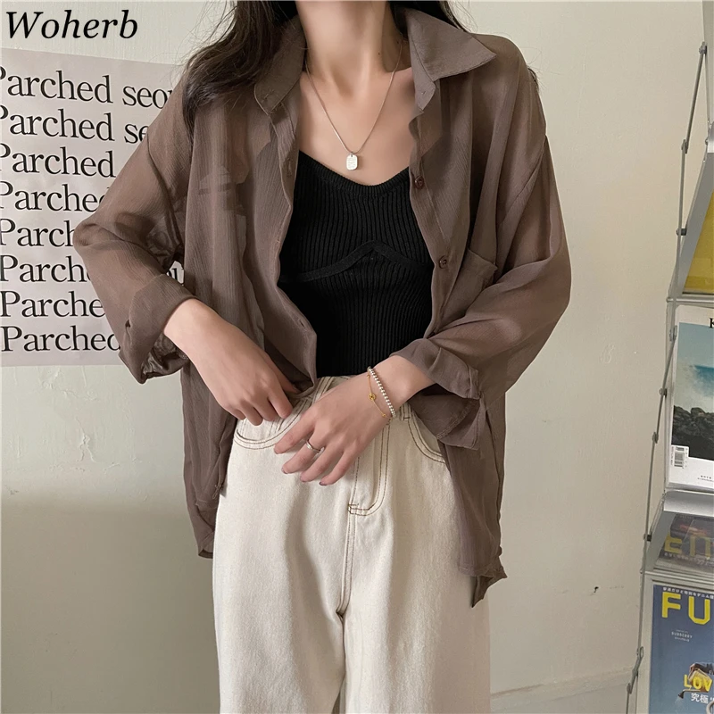 Woherb модные блузки лето 2022 свободные прозрачные тонкие женская шифоновая блузка с