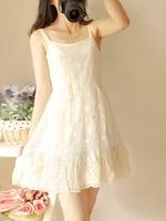 free shipping 2021 m xl white beige lace and mesh dresses for women mini short summer embroidery flower spaghetti strap dresses