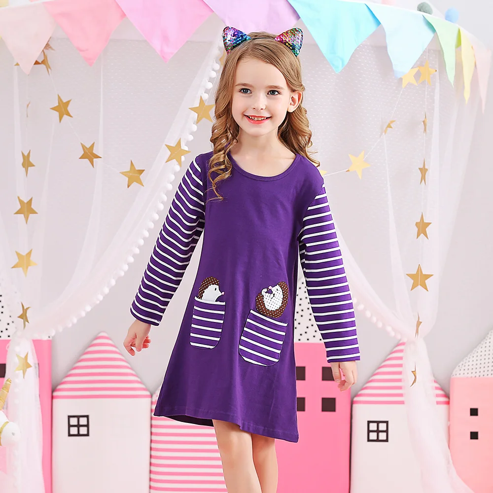 VIKITA Girls Long Sleeve Dresses for Autumn Spring Kids Striped Cartoon Appliques Dress Kids Cotton Casual Dress for 3-12 Years