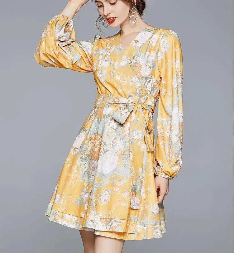 

Women's spring autumn long sleece flower print dress female runway fashion high waist slim dress TB920