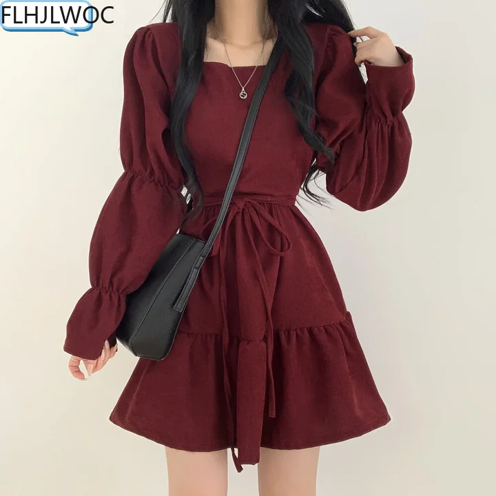 

Chic Korea Fashion Clothes Hot Sales Women Elegant Office Lady Retro Vintage Style Solid New Year Red Cute Mini Dress