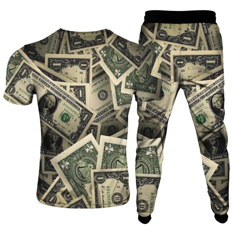 

The new women outfit dollar bill pattern suit men's and women's casual short-sleeved trousers two-piece 3D printing men's tracks