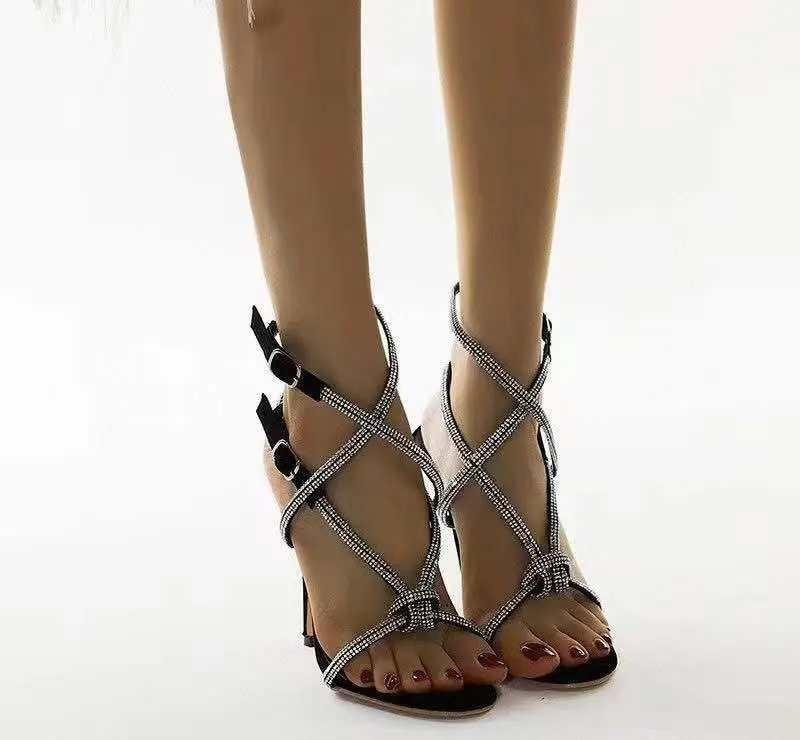 

Large Size High Heel Sandal for Women Female Shoe Buckle Strap 2021 Summer Big High-heeled Girls Fashion Comfort Rhinestone Leat