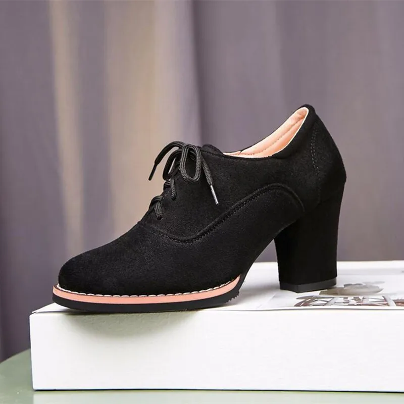 Womens Ankle Boots Flock High Heels Lace Up Chunky Heels Shoes Casuales Comfortable Shoes Woman Boots Fashion Shoes for Ladies