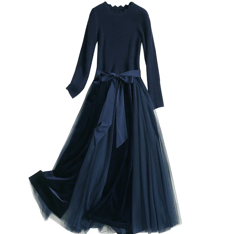 

2020 Women Knitted Skirt Fall Grenadine Patched Velvet Office Lady Trendy Wear Lace Up Winter Bottom Blue Slim Long Dress Women