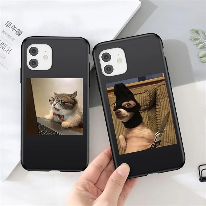 For iPhone 11 12 13 14Pro Max Cute Funny Animal Pattern Black Phone Case XR 12 13 Mini XS Max X 7 8 Plus Soft Cartoon Back Cover
