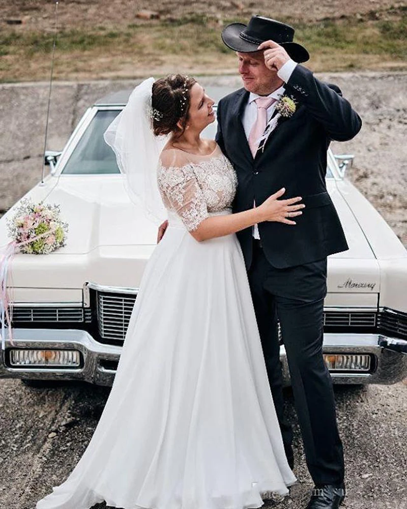 

Plus Size Chiffon A Line Wedding Dresses See Through Lace Appliques Boho Chic With Half Sleeves Custom Made Bridal Gowns