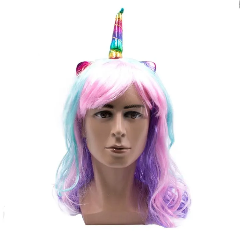Красочный Единорог длинный кудрявый Custume Косплей искусственные волосы