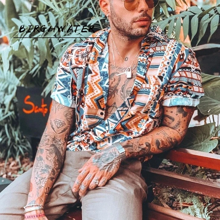 

Shirts Men's Summer Fashion Casual Lapel Leopard Short Sleeve Shirt Top Blouse Ethnic style Camisas Masculina