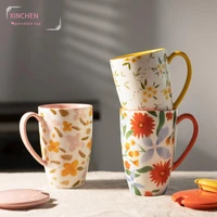 xinchen 450ml flower large capacity mug ceramic juice water cup with spoon lid microwave breakfast milk couple cup