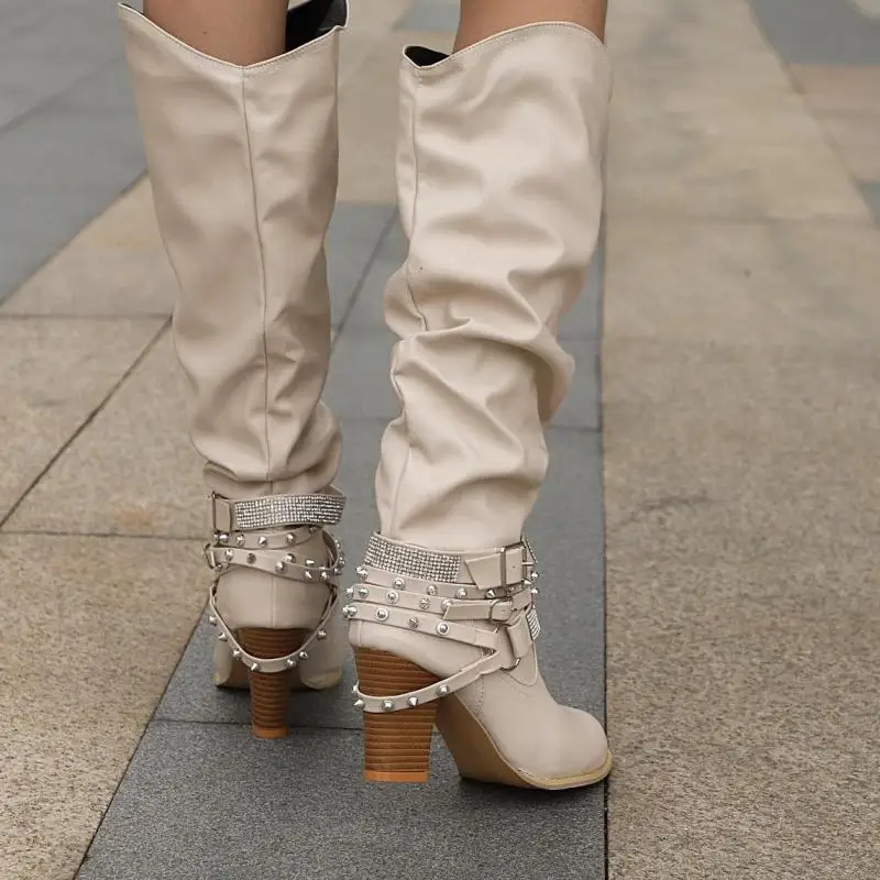 Women Knee High Boots  Low Heels Booties Plus Size Gladiator Pu Leather Knight Shoes Woman